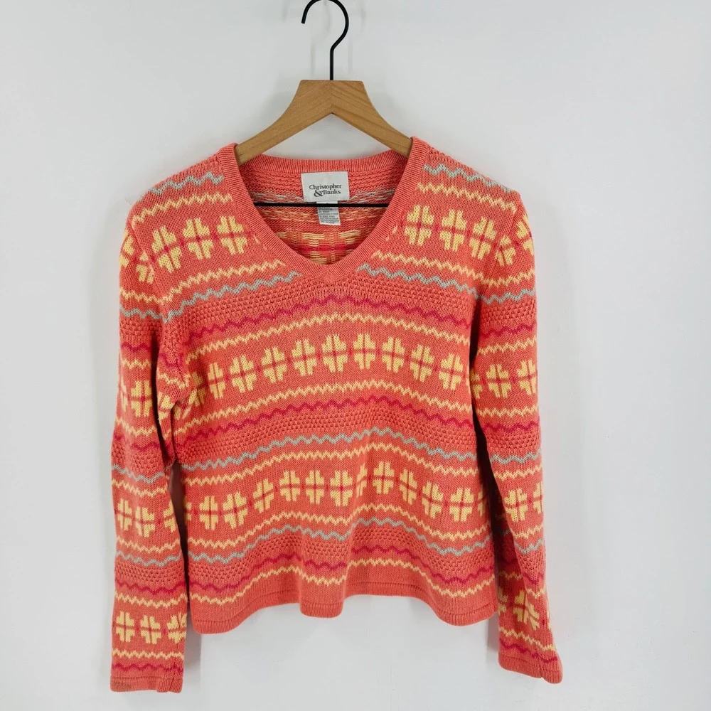 Vintage Coral Pink Geometric V-Neck Sweater Size‎ S Preppy Spring